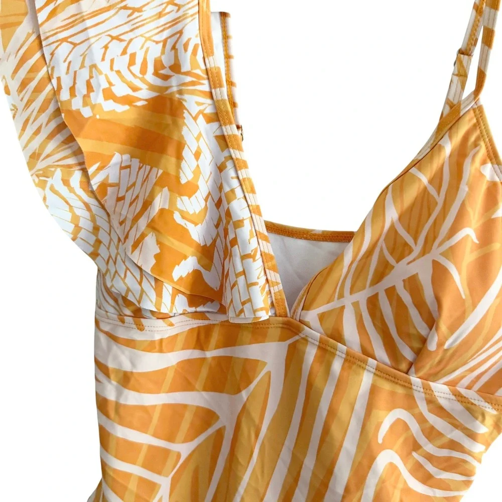 Florentine Swimsuit Set Womens L Orange New Palm Leaf Ruffle One Piece Sarong